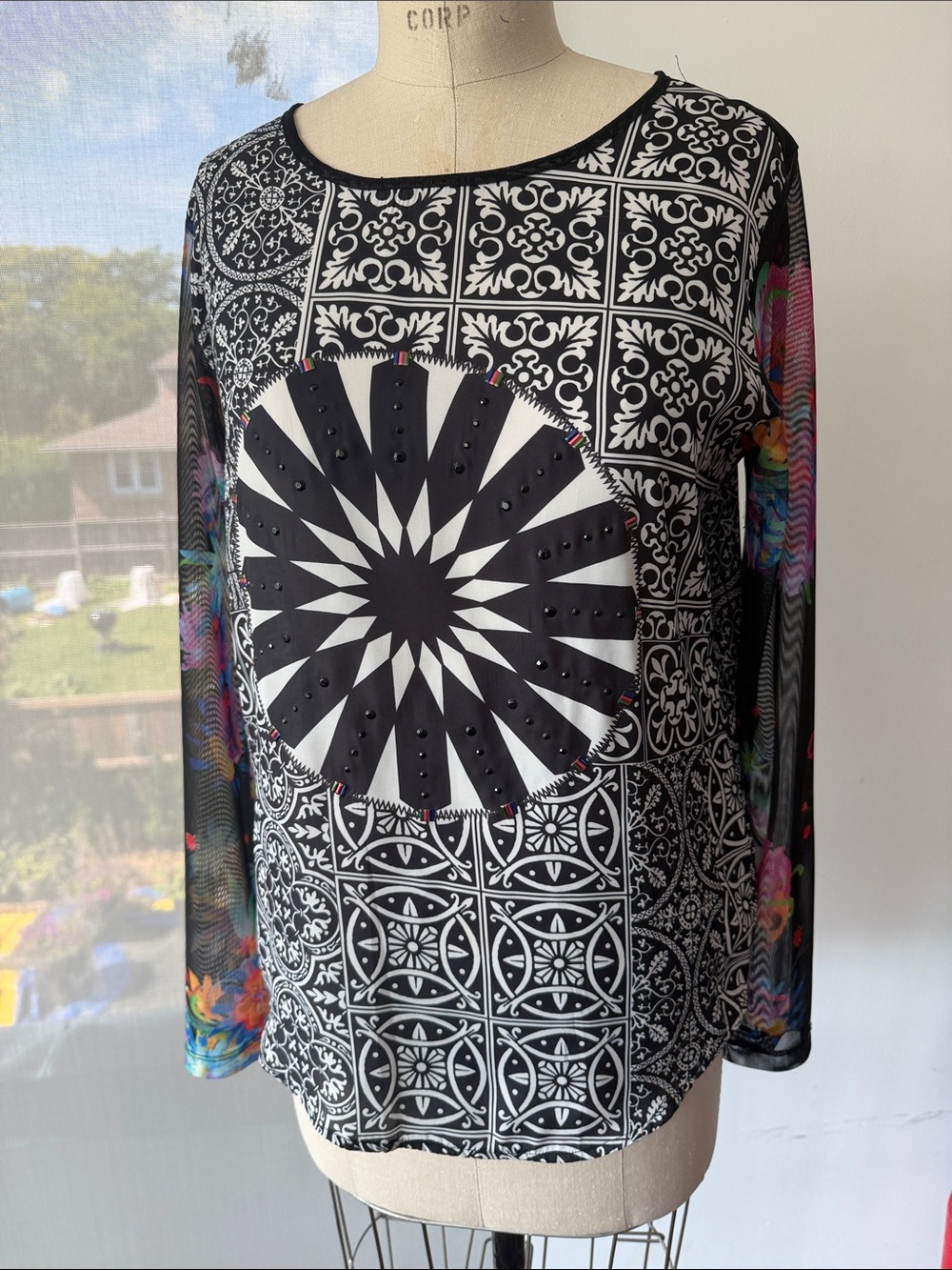 Desigual Black & White Graphic Long Sleeve Top with Multicolor Sheer Sleeves